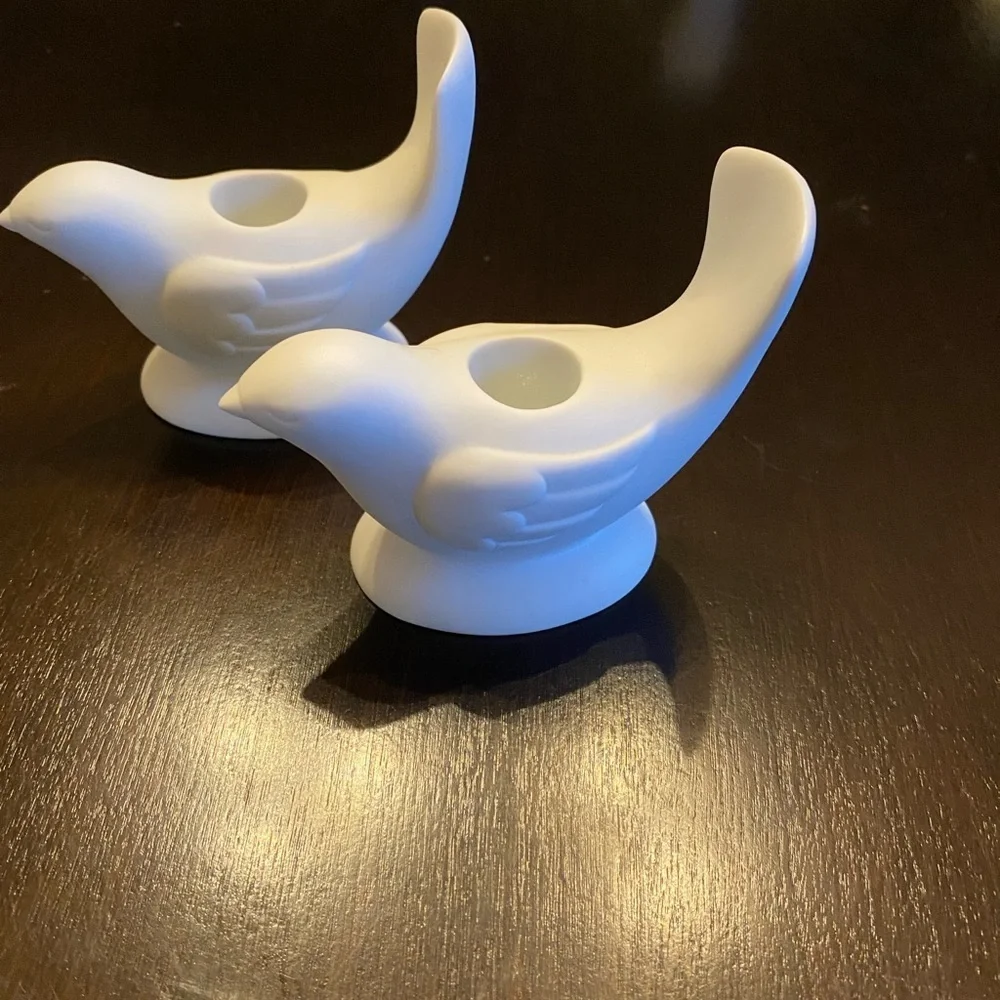 Avon Pair of White Bird Taper Vintage Candle Holders.
